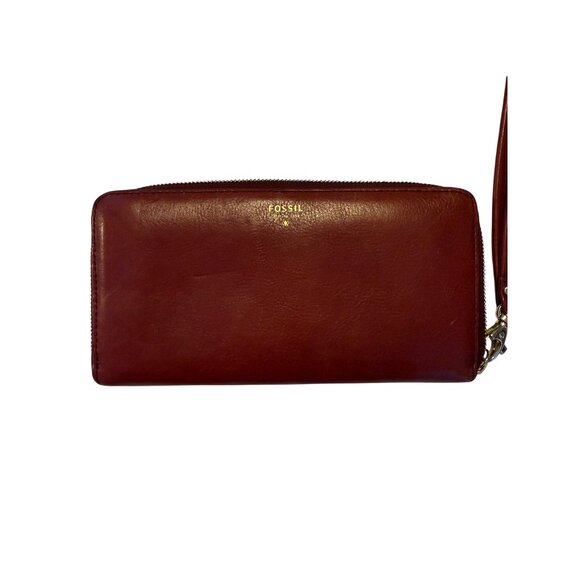 Fossil Womens Burgundy Leather Zip Around Wallet With Wrist Strap - Picture 7 of 8